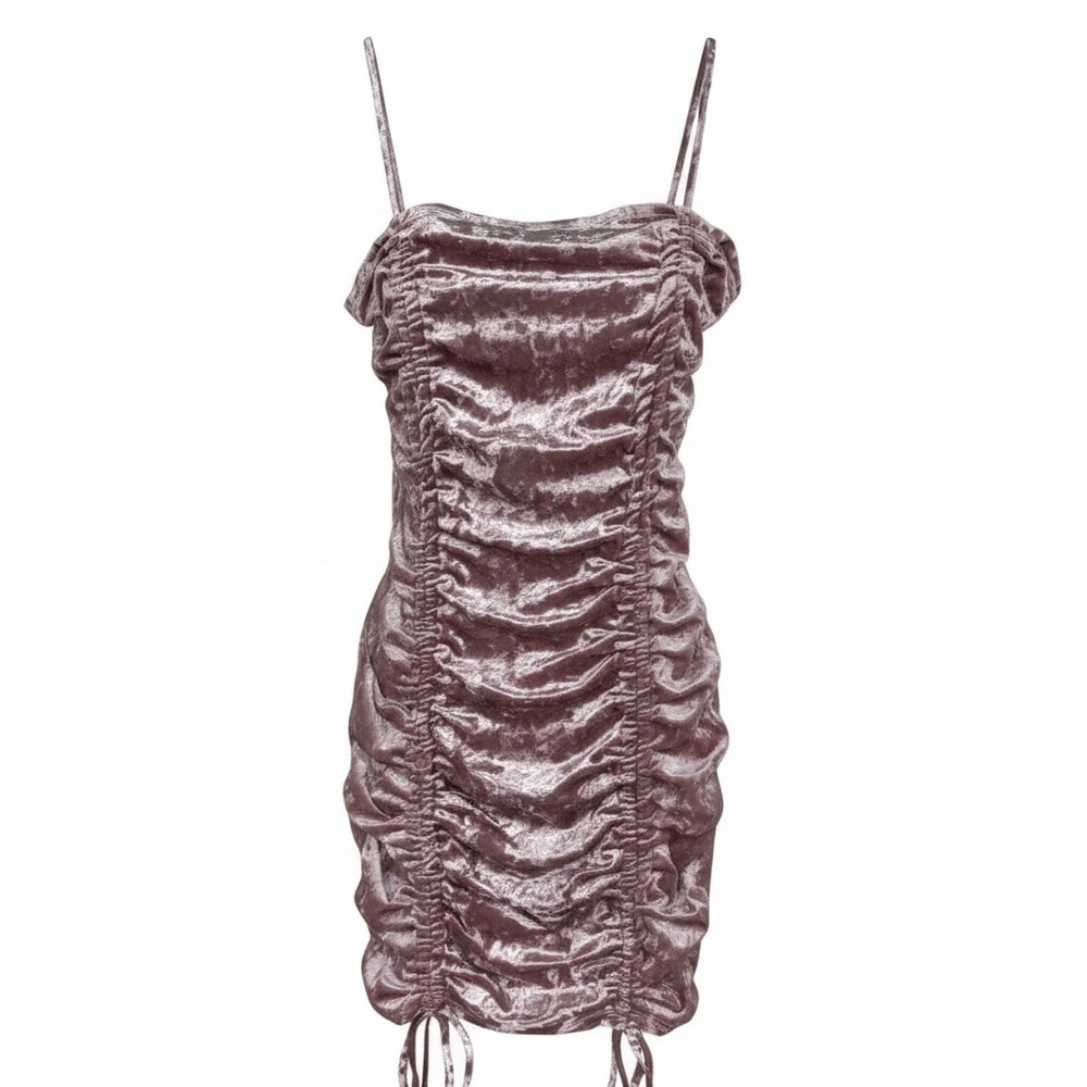 🎀 Pink Velvet-ish Ruched Mini Dress with Tie Bottoms